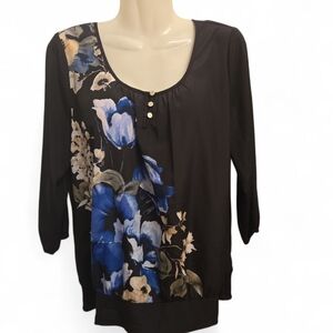 White House Black Market Black Floral Print 3/4 Sleeve Scoop Neck Top Size S